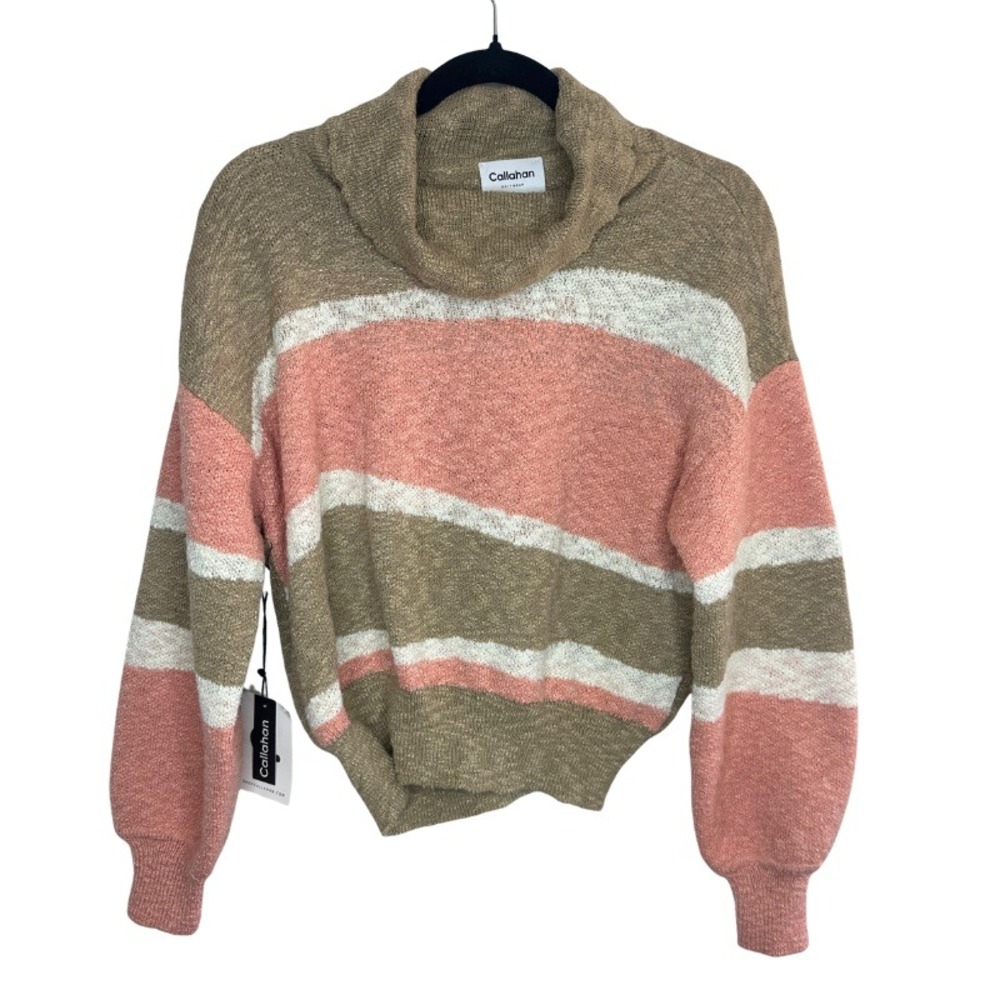 Callahan Knitwear Womens Small Striped Cowl Neck Sweater Tan Pink White NWT